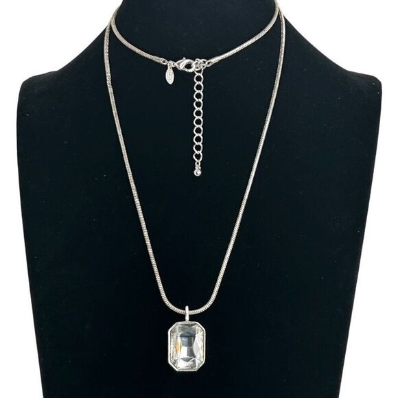 Chico's Long Necklace Women's Silver-tone Rounded Snake Chain Crystal Pendant - Picture 3 of 9